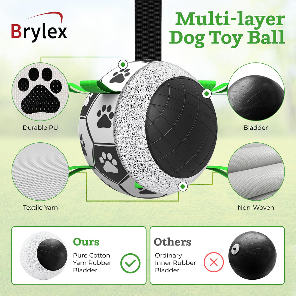 Brylex dog soccer ball showing nine nylon straps for interactive play