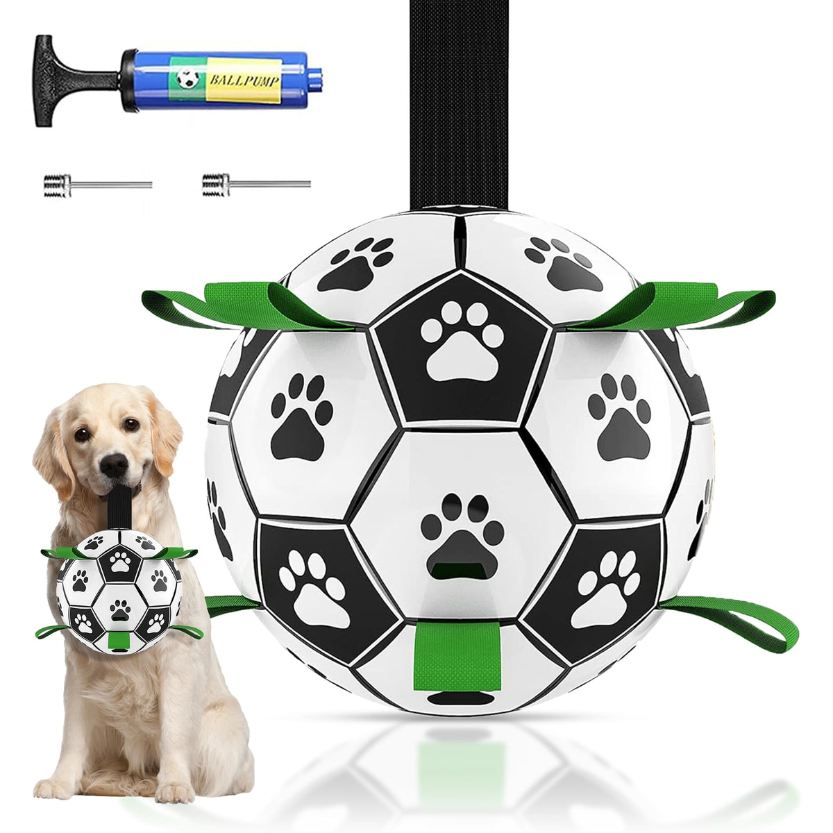 Brylex World Cup dog ball with straps for tug of war and fetch