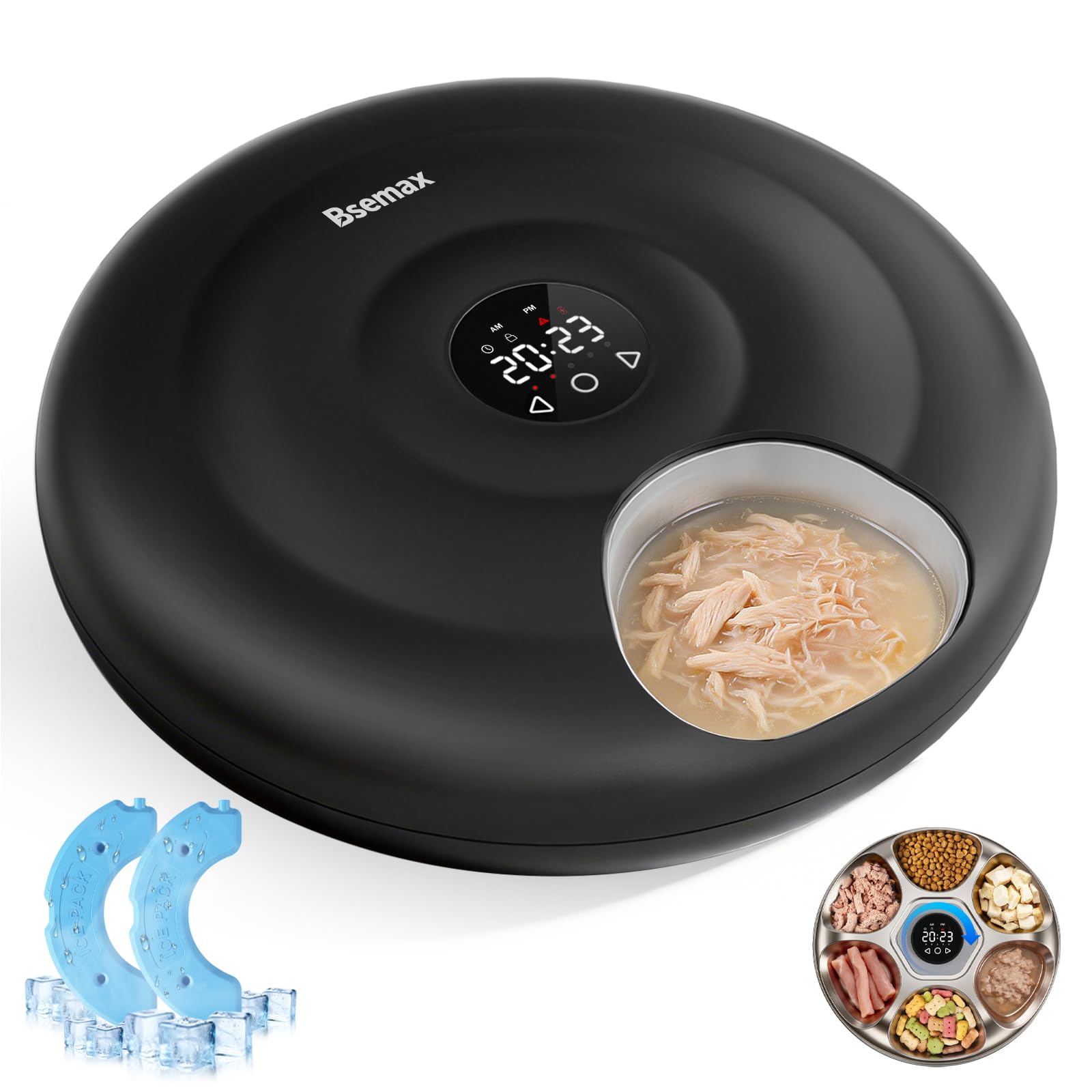 Bsemax automatic feeder with six meals, easy scheduling for busy cat and dog households.