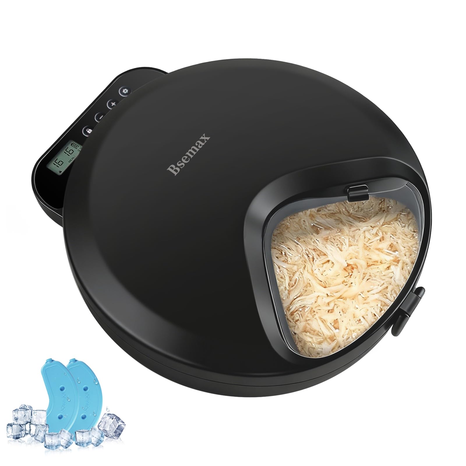 Bsemax automatic feeder front view showing orderly four meals for pets