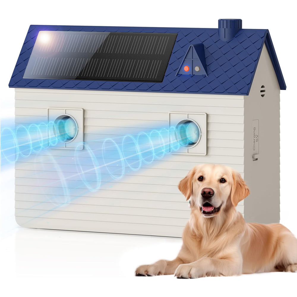 Blue Bsemax dog bark deterrent mounted on a fence for calm surroundings