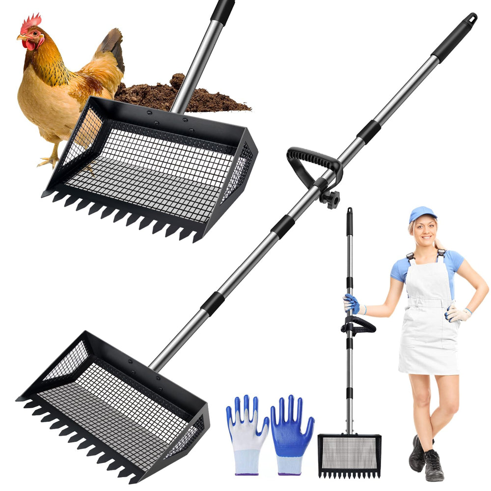 Bsemax 2-in-1 scooper and rake with adjustable handle for easy coop cleanup