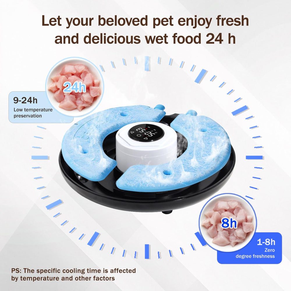 Bsemax refrigerated feeder with ice packs preserves fresh wet food for longer durations.