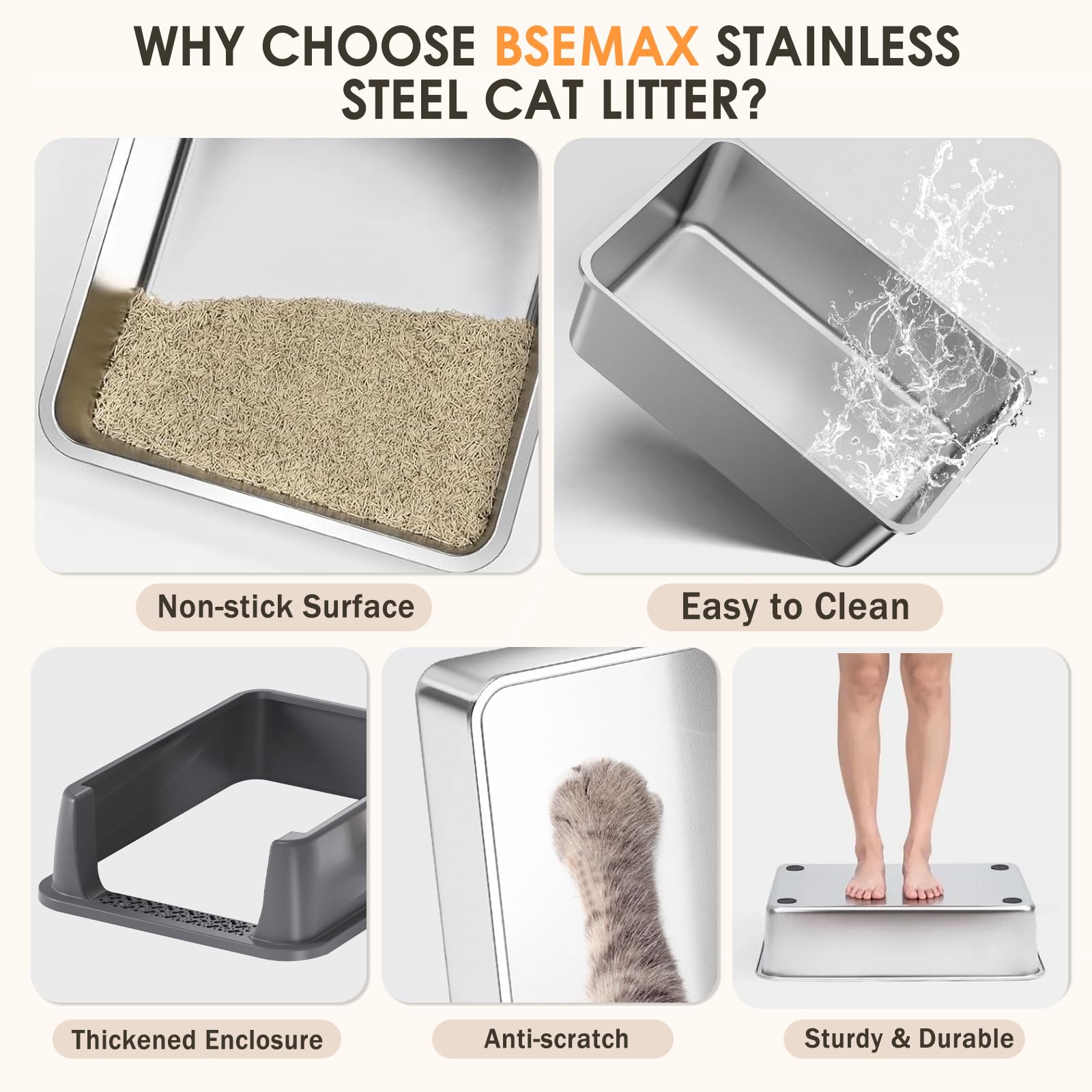 Bsemax includes litter box, lid, scoop, mat, and manual.