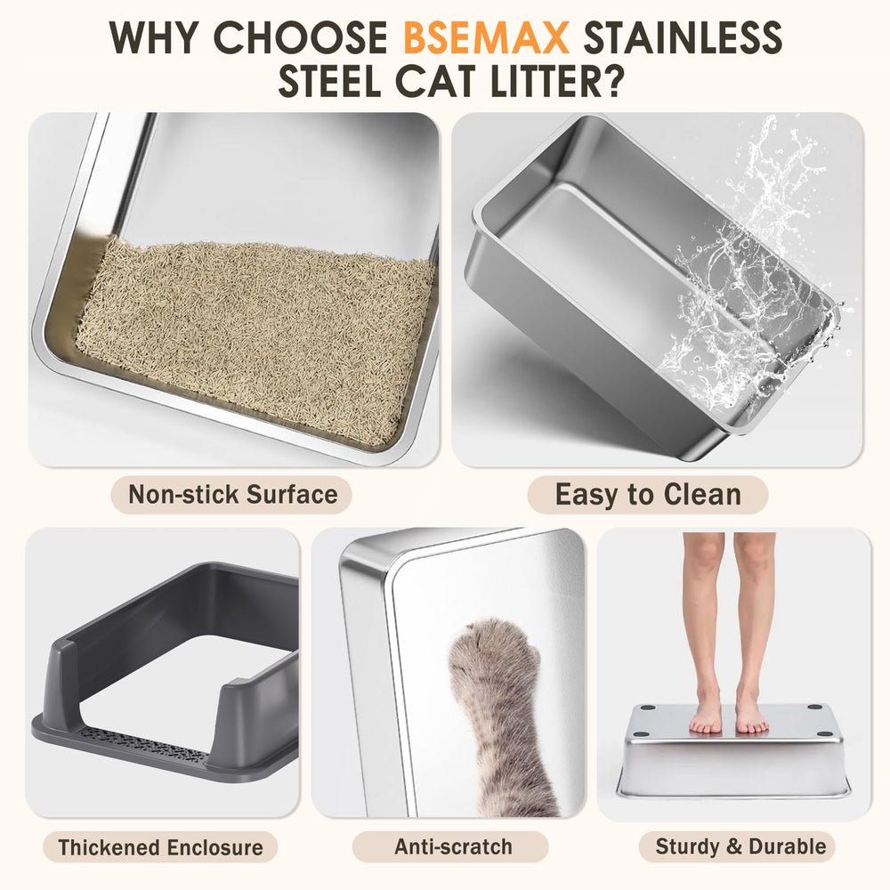 Bsemax includes litter box, lid, scoop, mat, and manual.