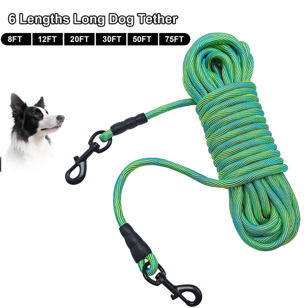 BTINESFUL 75ft green dog tie-out rope enables far-ranging outdoor fun