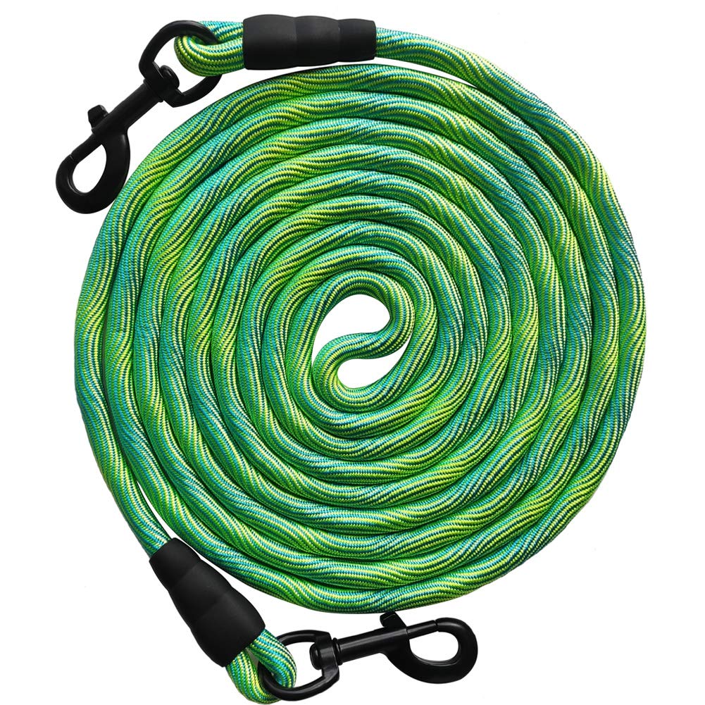 BTINESFUL 75 ft green dog tie-out rope in yard for secure roaming.