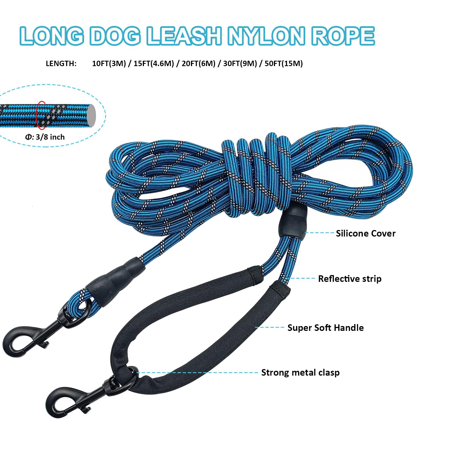 BTINESFUL long dog leash 50ft blue offers open-space recall potential