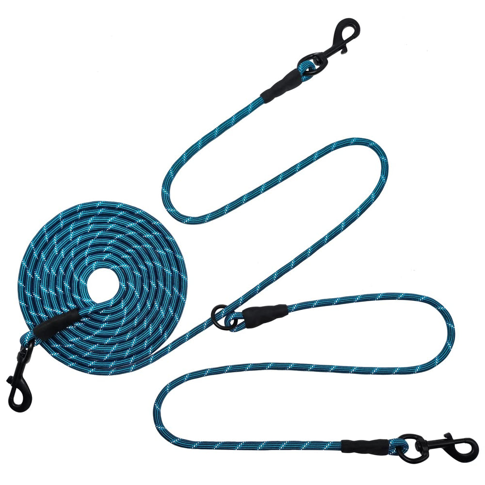 BTINESFUL reflective tie out 30ft blue main tether keeps two dogs in sight.