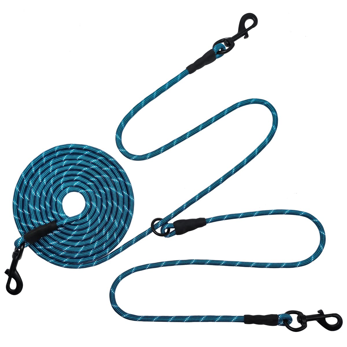 BTINESFUL reflective tie out 30ft blue main tether keeps two dogs in sight.