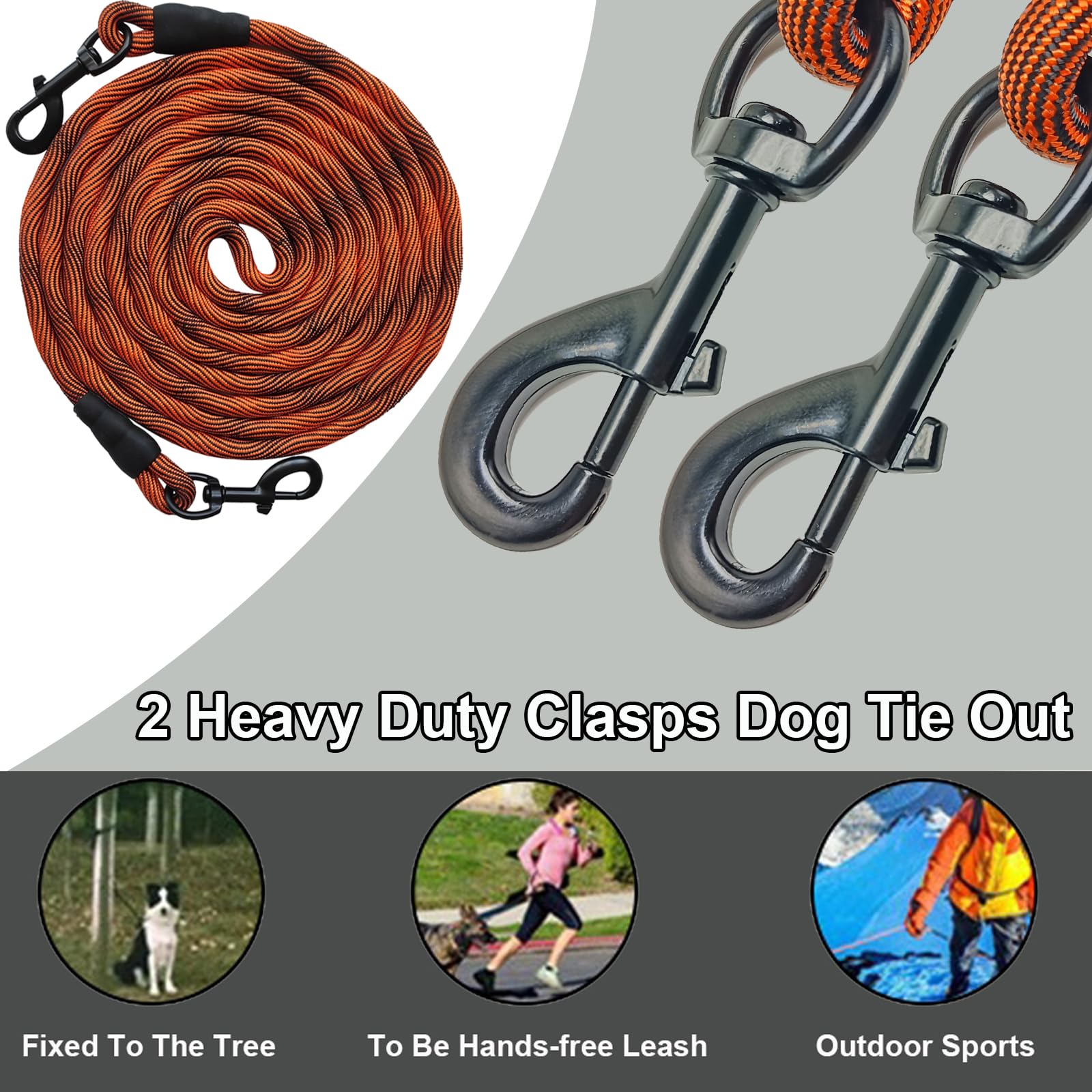 BTINESFUL tie-out rope 20ft orange-black ideal for backyard training