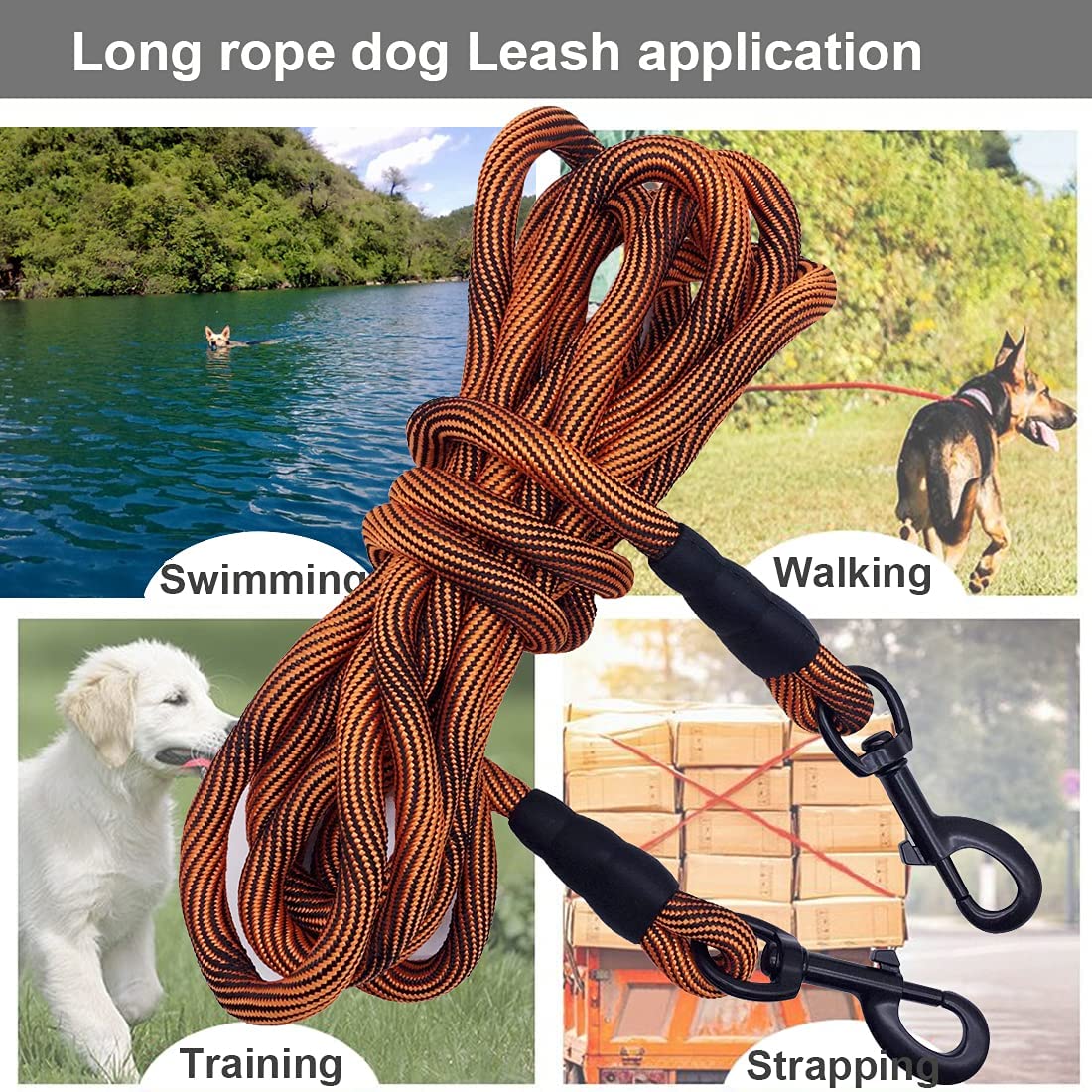 BTINESFUL tie-out rope 75ft orange-black maximum reach