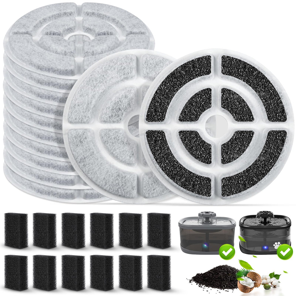 BTRSOLUS activated-carbon filter 12-pack for Sibays 2.5-gallon fountain improves water odor.
