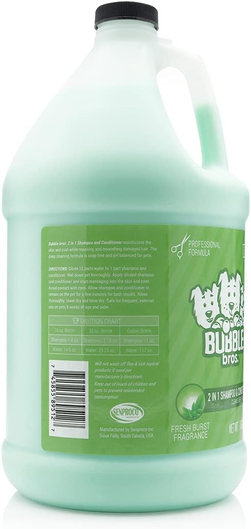 Bubble Bros. 2-in-1 dog shampoo front label showing natural ingredients for sensitive skin