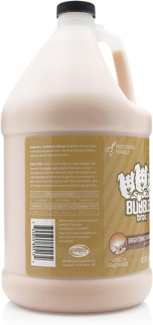 Bubble Bros Brightening Dog Shampoo label closeup highlights natural ingredients and gentle care
