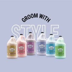 Groomer applies Bubble Bros conditioner during a salon wash to soothe skin.