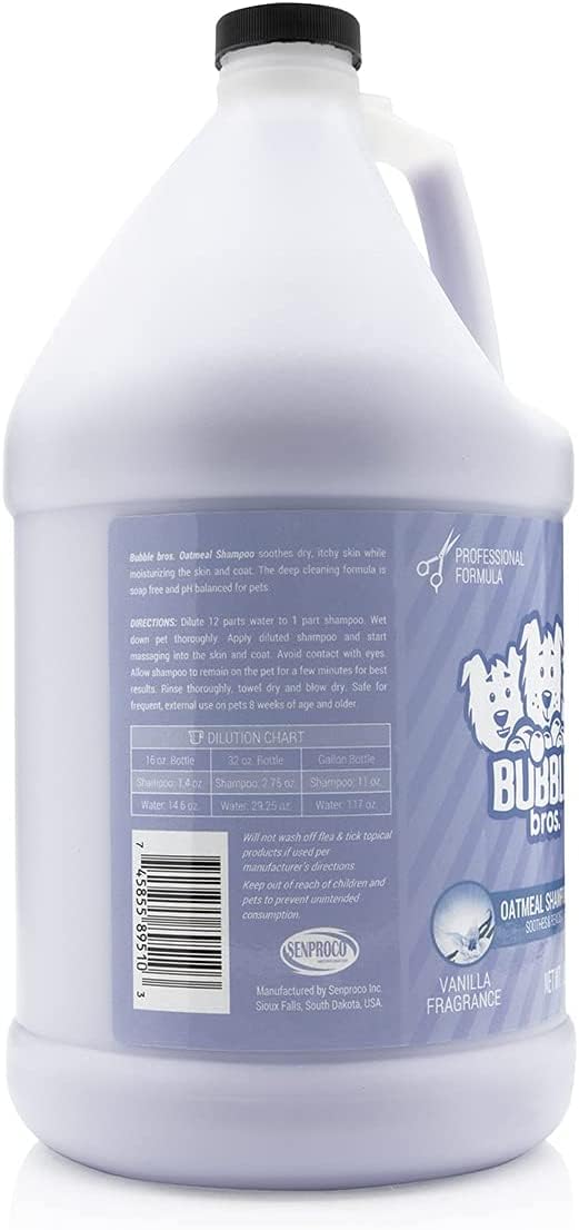 Bubble Bros Oatmeal Dog Shampoo label closeup showing soap-free formula