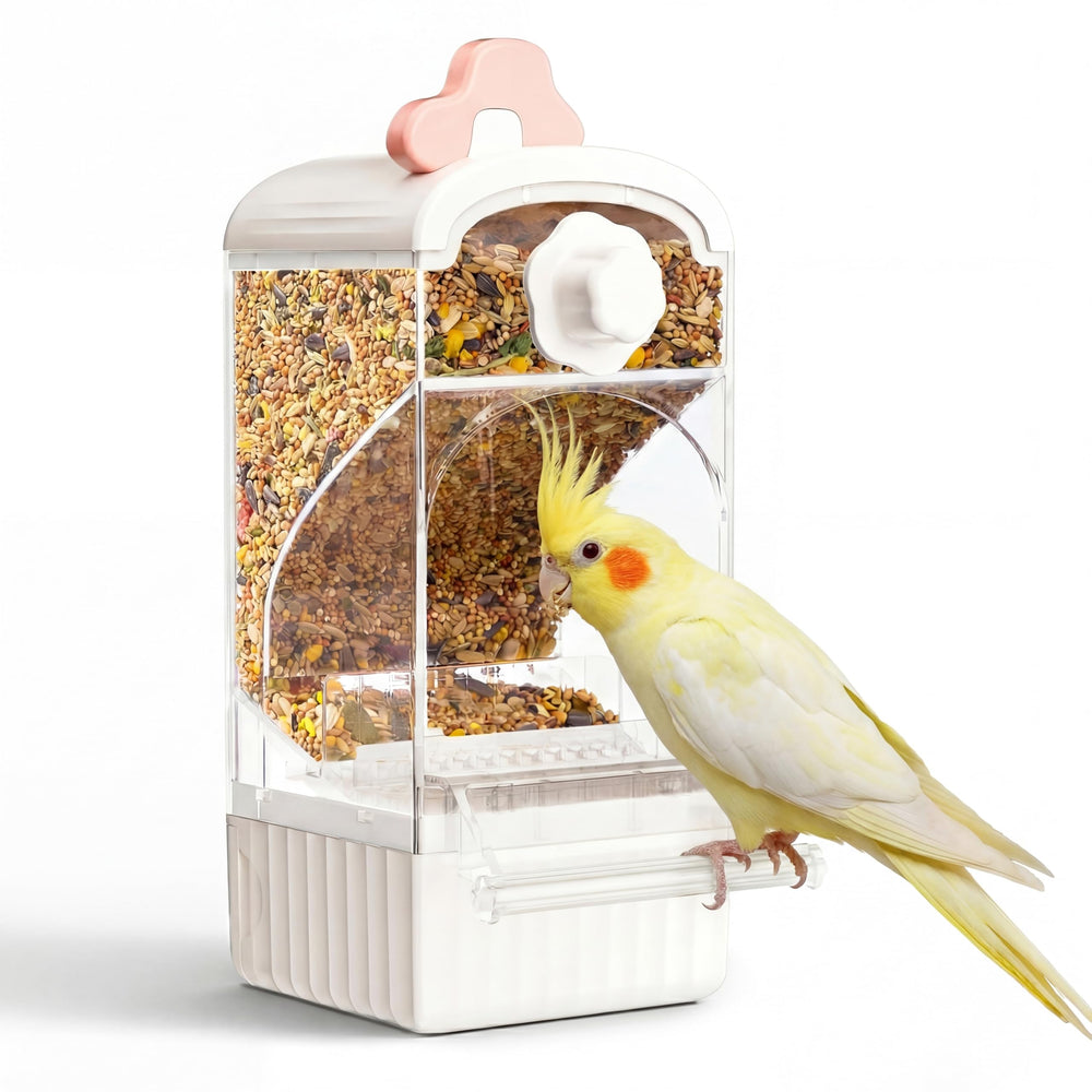 Bucatstate automatic bird feeder for cage with pink-white finish for easy hanging.