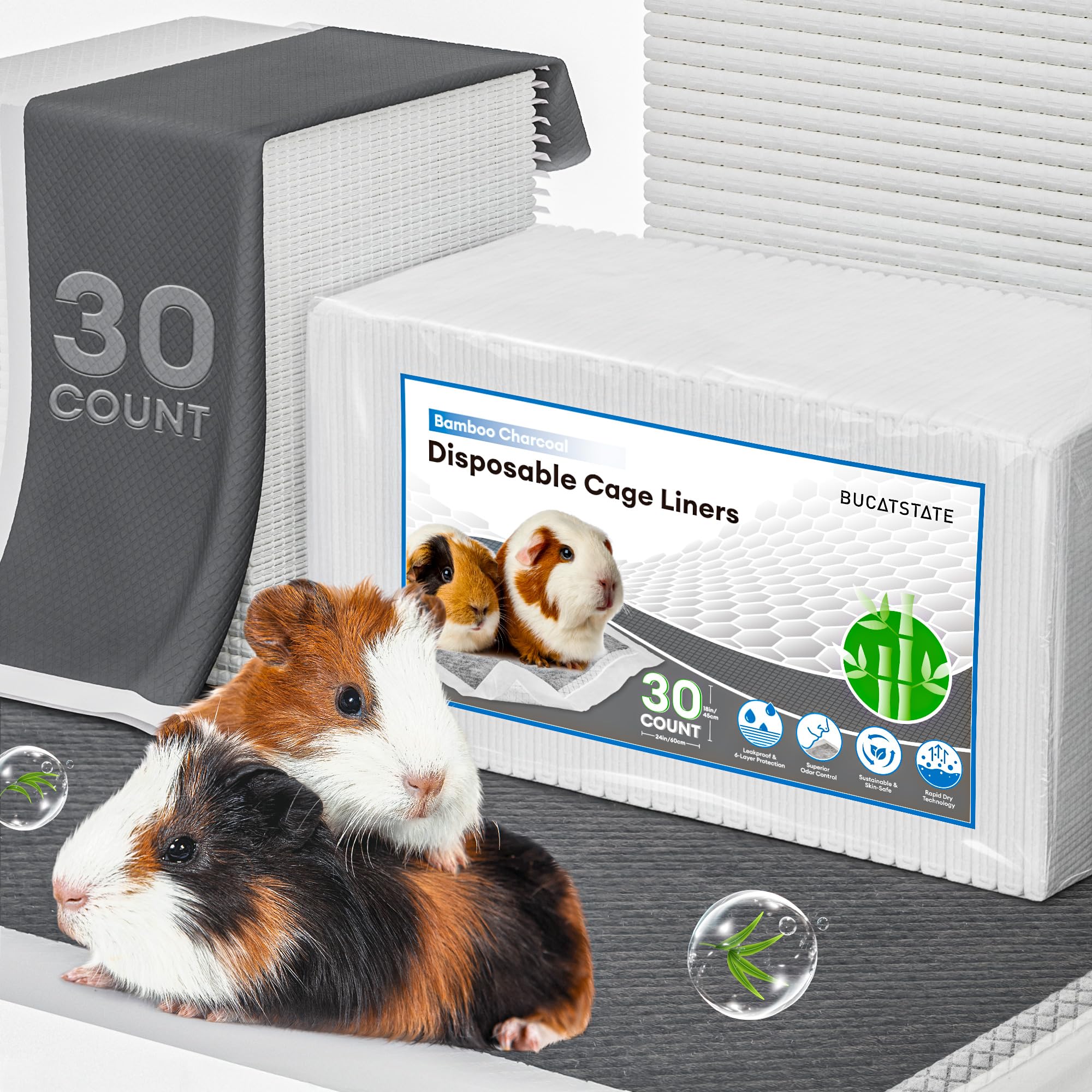 BUCATSTATE guinea pig cage liner packaging shows a 30-count box for easy refills.