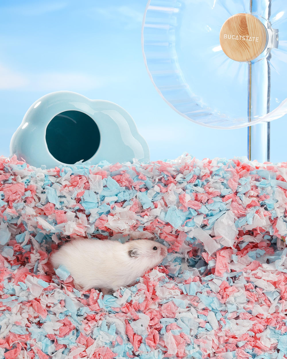BUCATSTATE colorful pink-toned bedding brightens a small animal home.