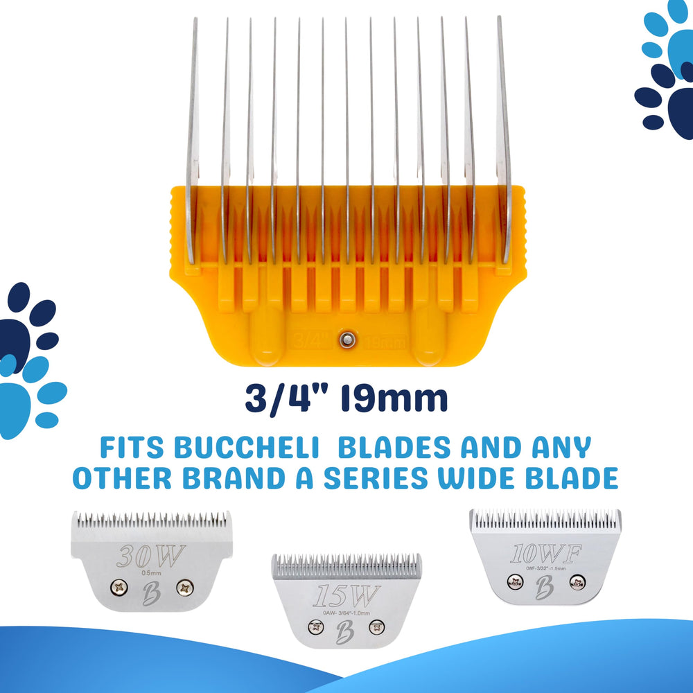 Bucchelli-compatible guard works with Andis, Conair, Wahl, Thrive clippers.