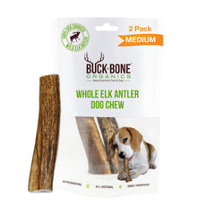 Buck Bone Organics elk antler chews, two medium pieces, ideal for aggressive chewers