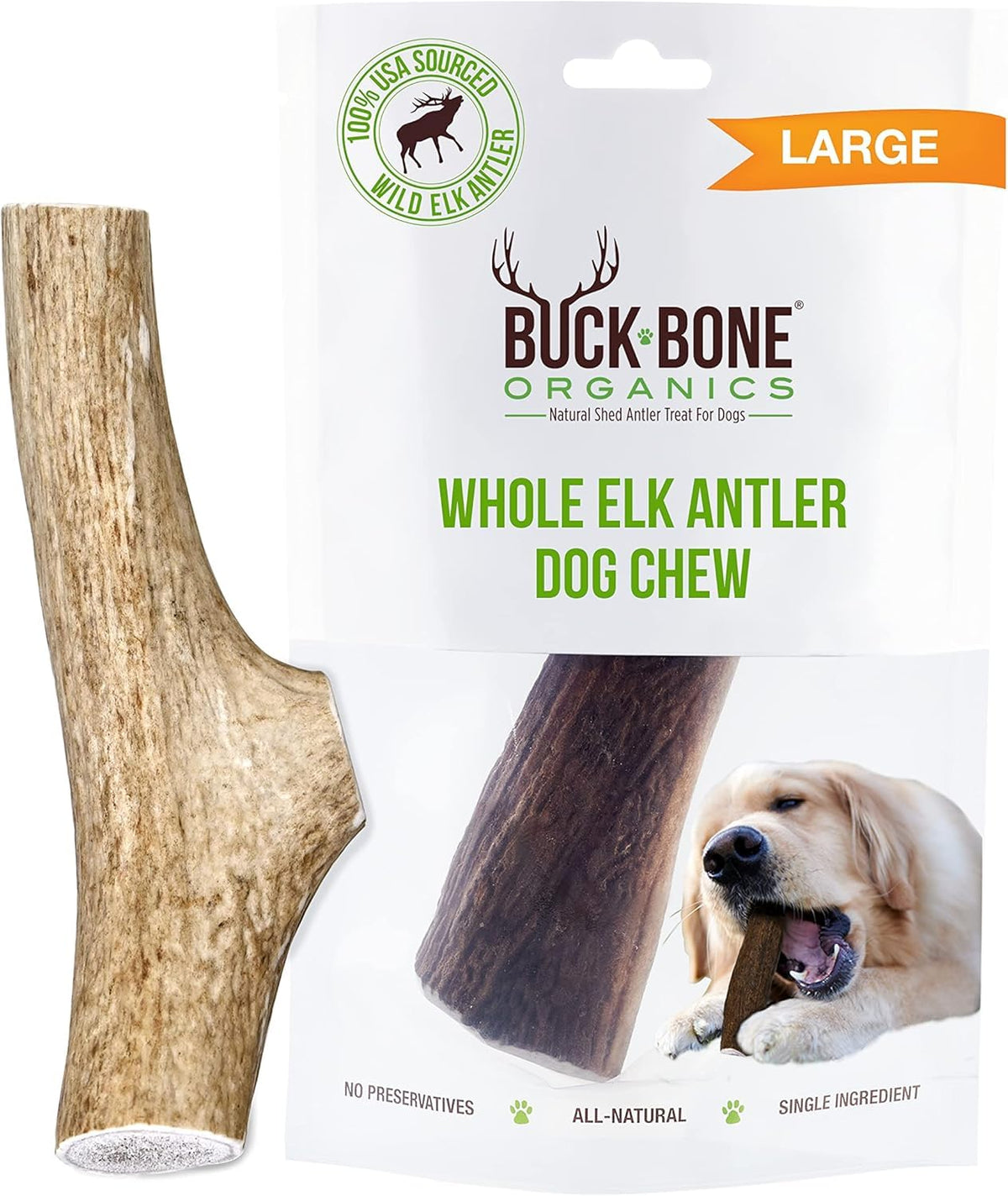Buck Bone Organics elk antler chew for large dogs, durable natural power for chewers