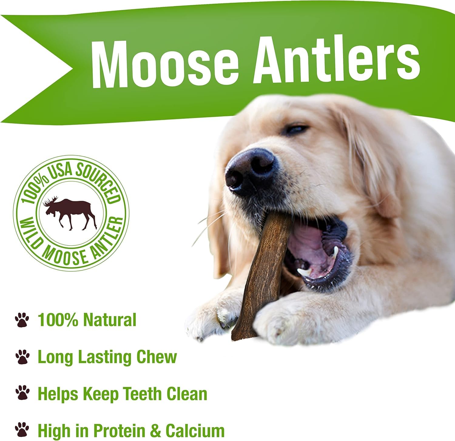Buck Bone Organics Moose Antler Large Chew packaging highlights USA-sourced all-natural ingredients