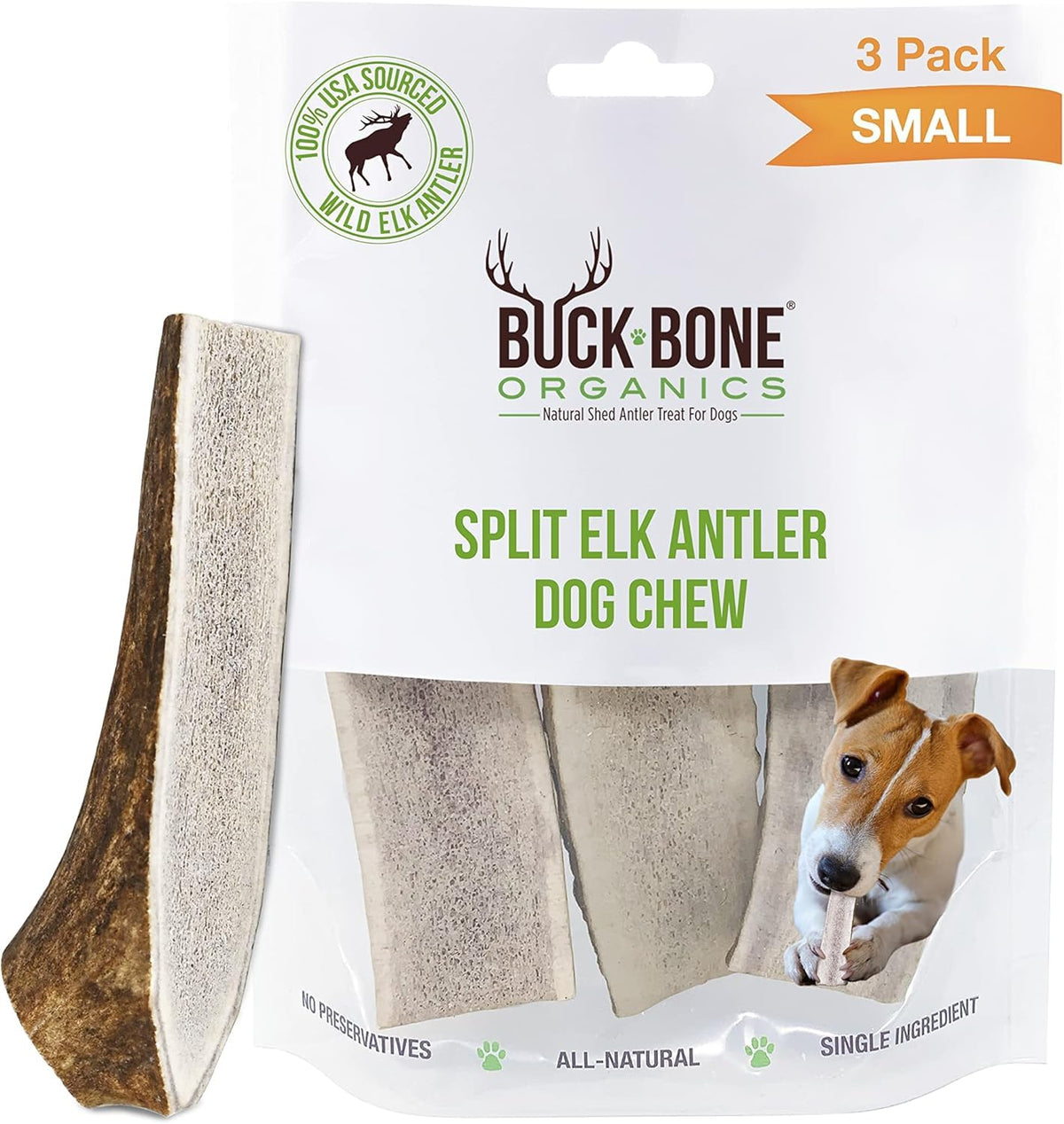 Buck Bone Organics elk antler chews in a small packaging layout, three 4-inch splits.