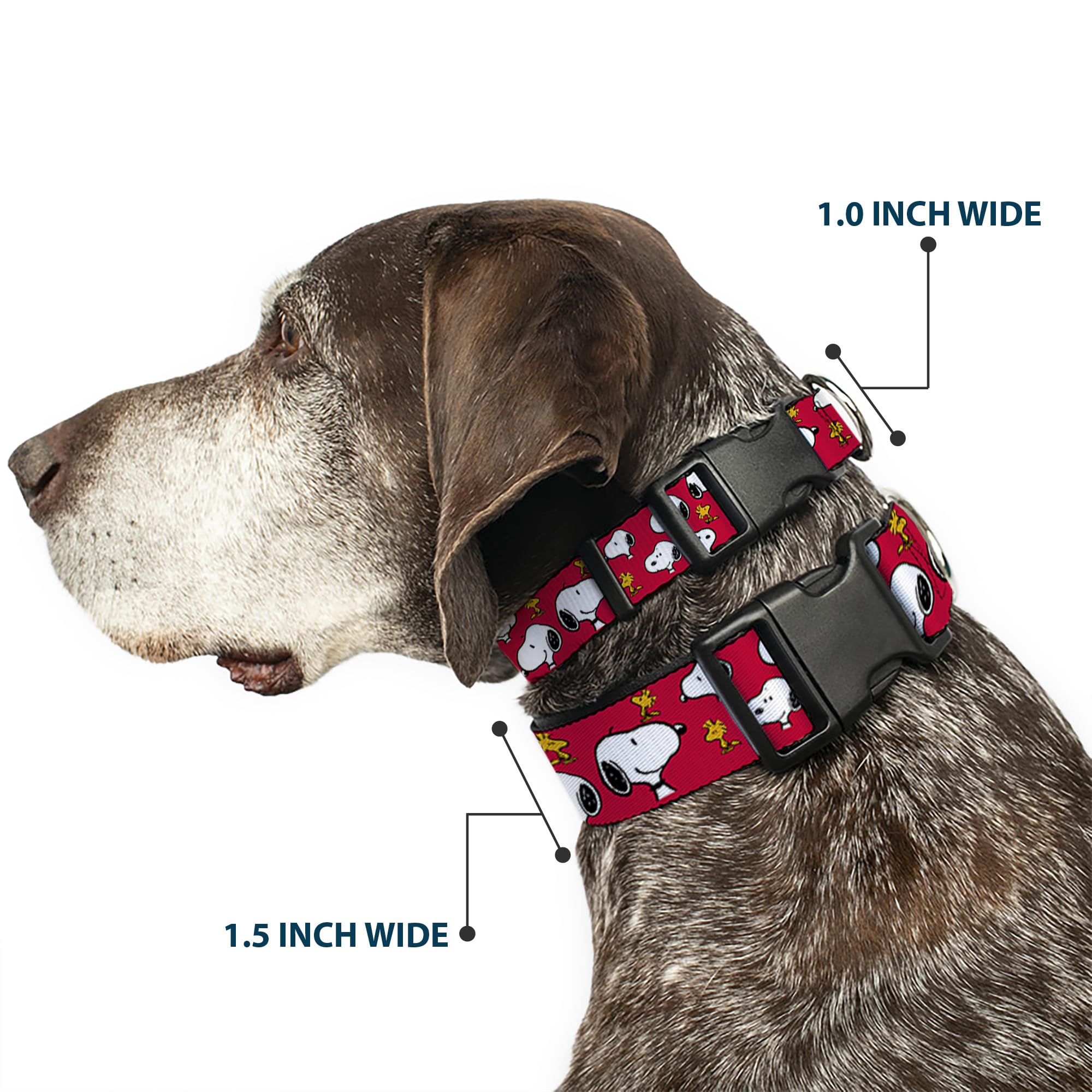 Buckle-Down Peanuts Snoopy collar close-up with red pattern highlighting print quality for outings.