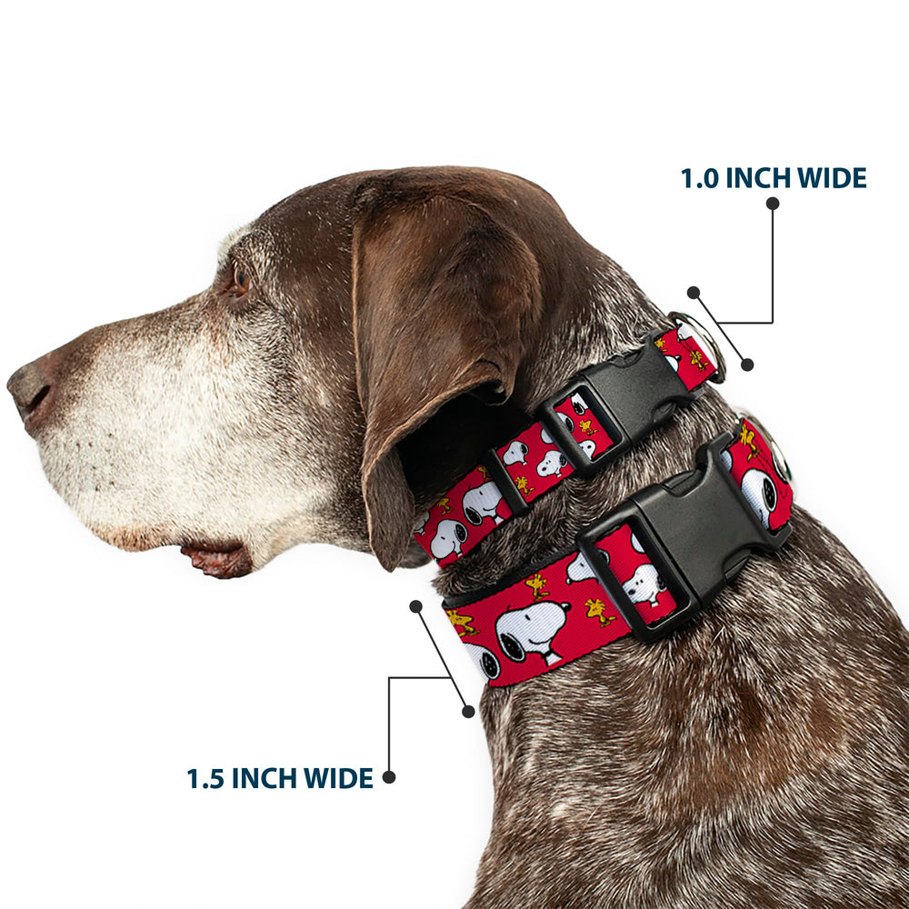 Buckle-Down Peanuts Snoopy collar close-up with red pattern highlighting print quality for outings.