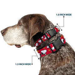Buckle-Down Peanuts Snoopy collar close-up with red pattern highlighting print quality for outings.