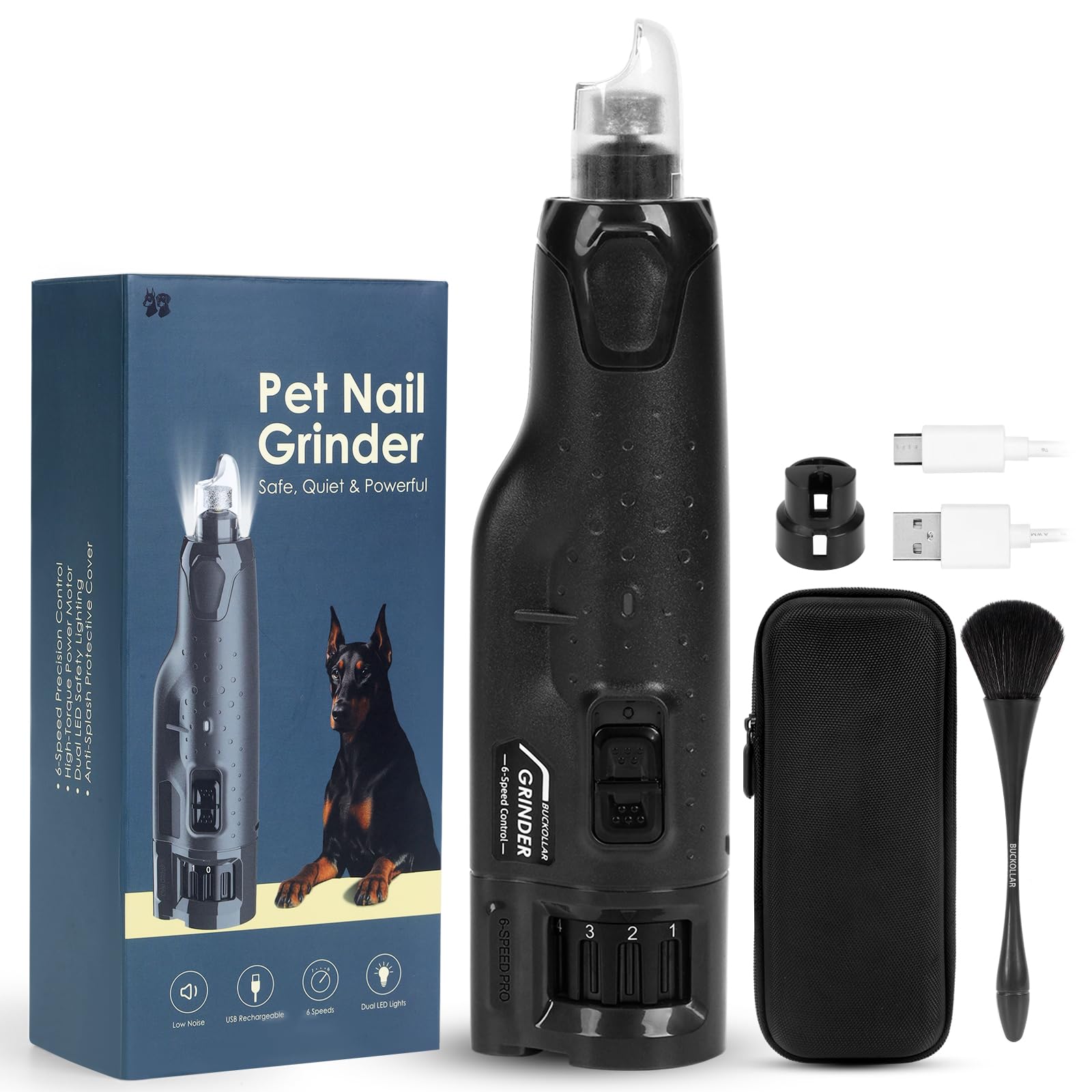 BUCKOLLAR 6-speed quiet dog nail grinder in action for gentle trimming.