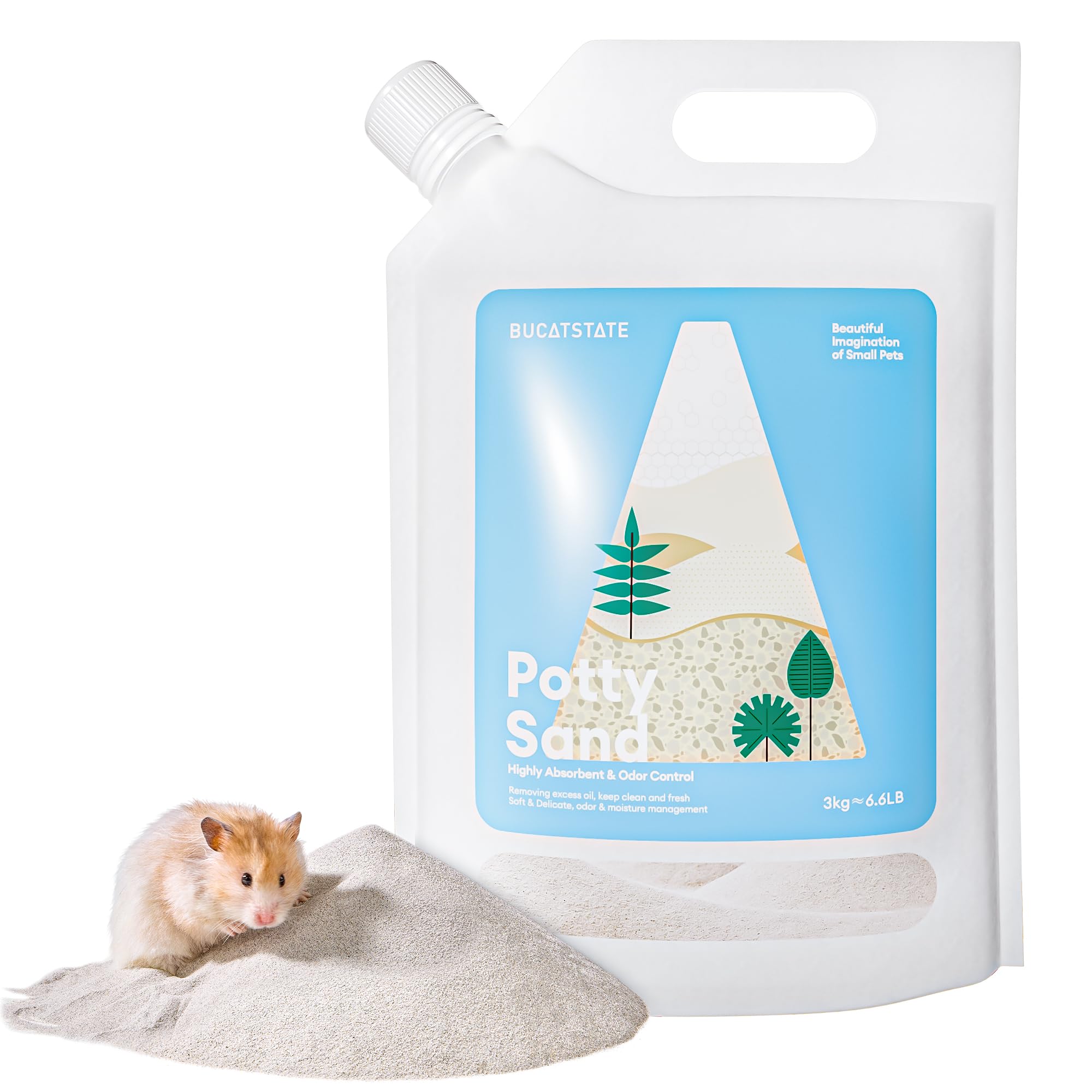 BUCATSTATE hamster sand in a resealable bag for mess-free refills.
