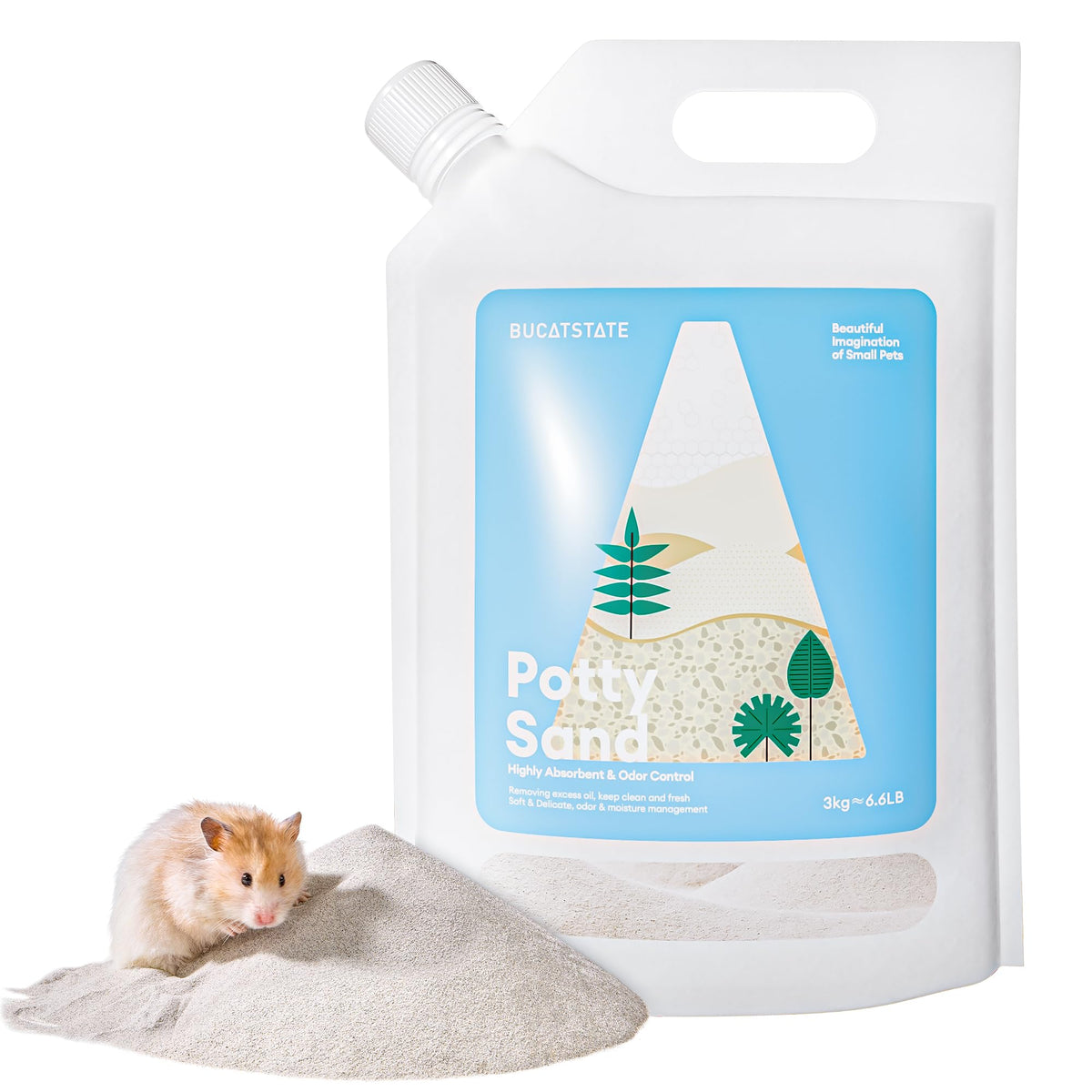 BUCATSTATE hamster sand in a resealable bag for mess-free refills.