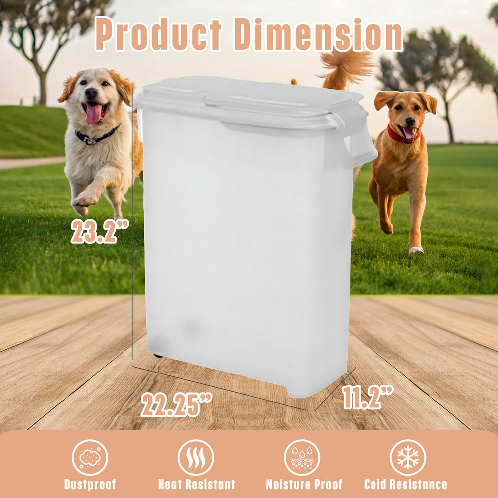 Buddeez 50qt pet food storage demonstrates large capacity in use.