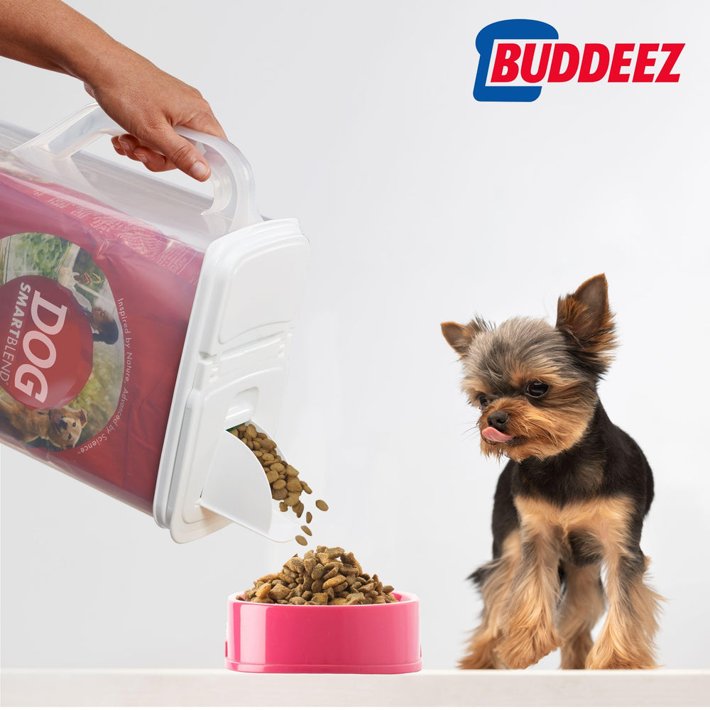 Buddeez built-in spout on pet food container helps pour neatly with fewer spills.