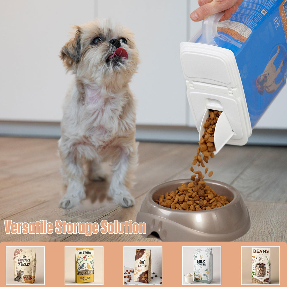 Buddeez dual-function lid for pet food container enables quick scooping or pouring.
