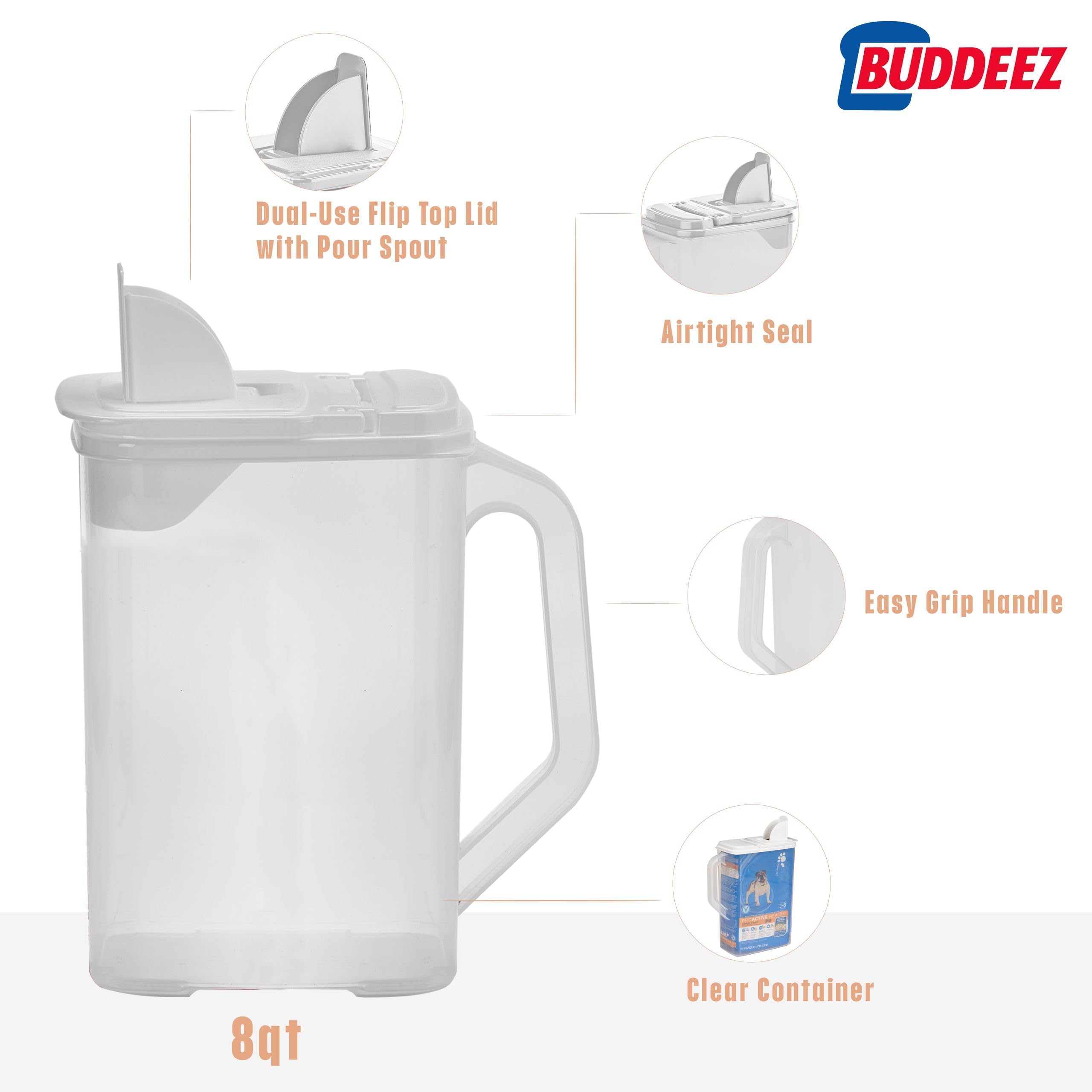 Buddeez easy-grip pet food dispenser provides comfortable pouring for pets.