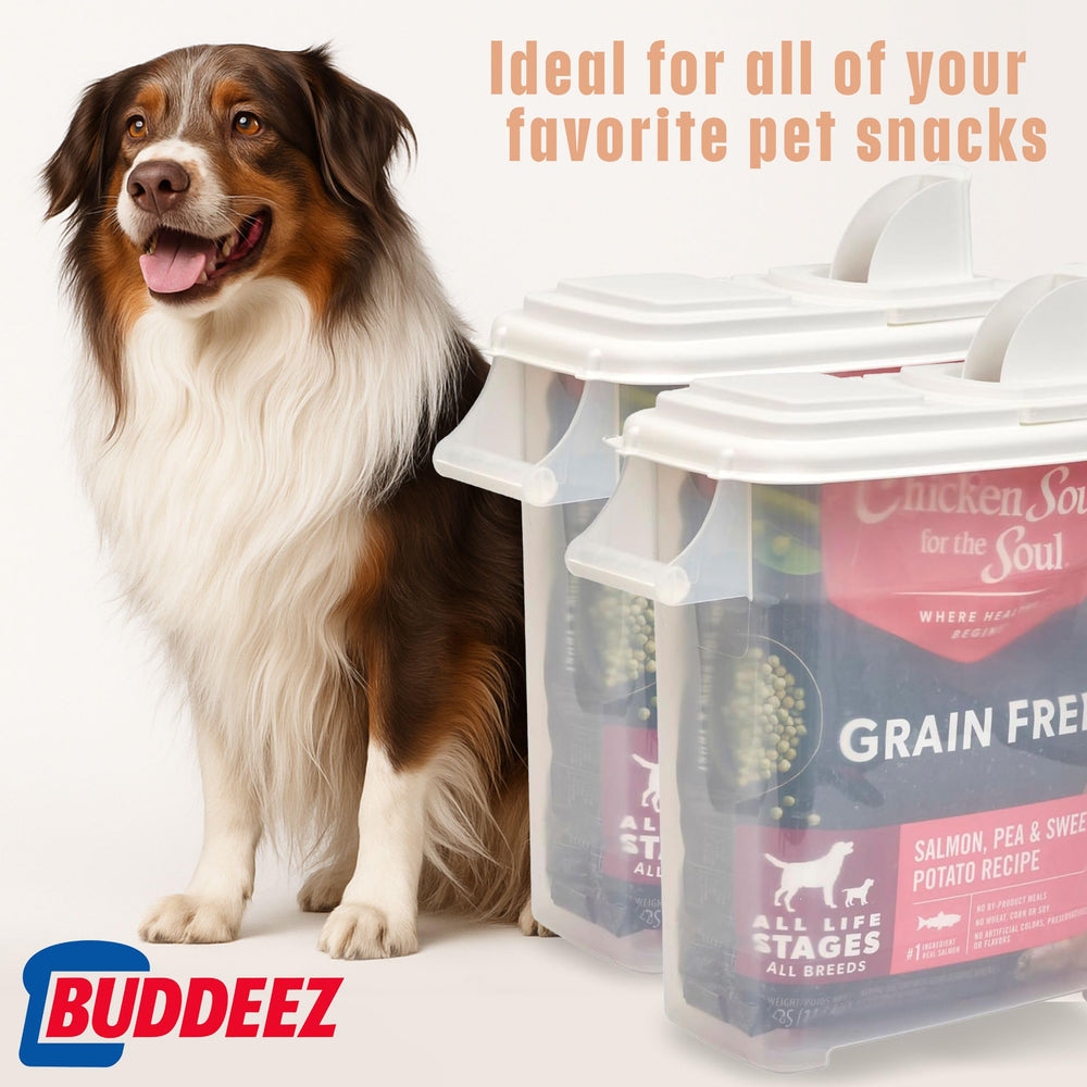 Angled pour spout guides kibble neatly into bowls or scoops.