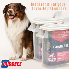 Angled pour spout guides kibble neatly into bowls or scoops.