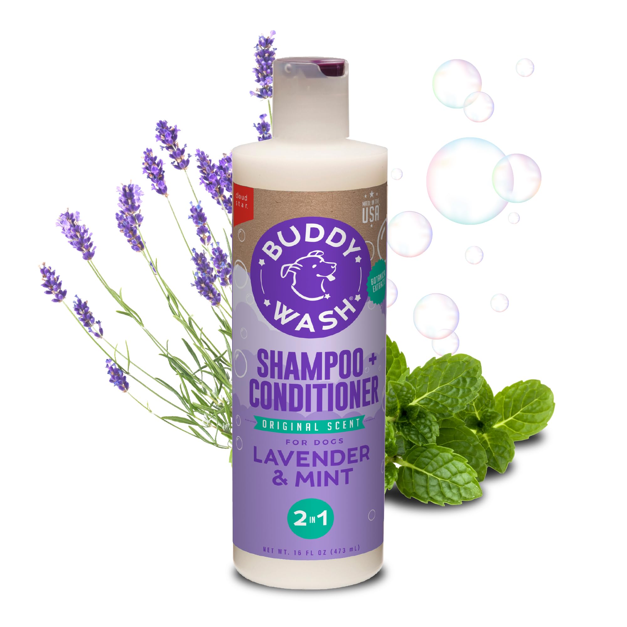 Buddy Grooming Wash bottle-front with lavender-mint scent for calm, enjoyable bath times