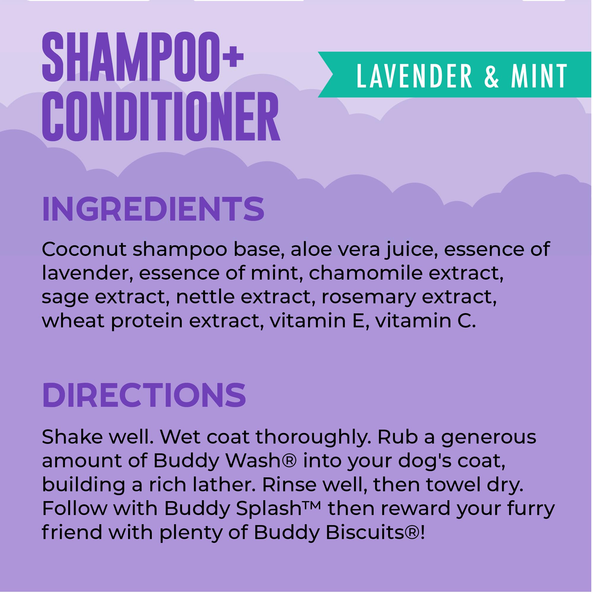 Buddy Grooming Wash lavender-mint-suds highlighting soothing aroma and coat moisturizing