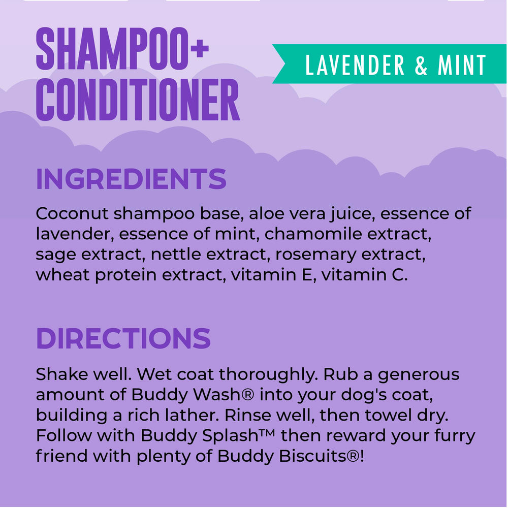 Buddy Grooming Wash lavender-mint-suds highlighting soothing aroma and coat moisturizing