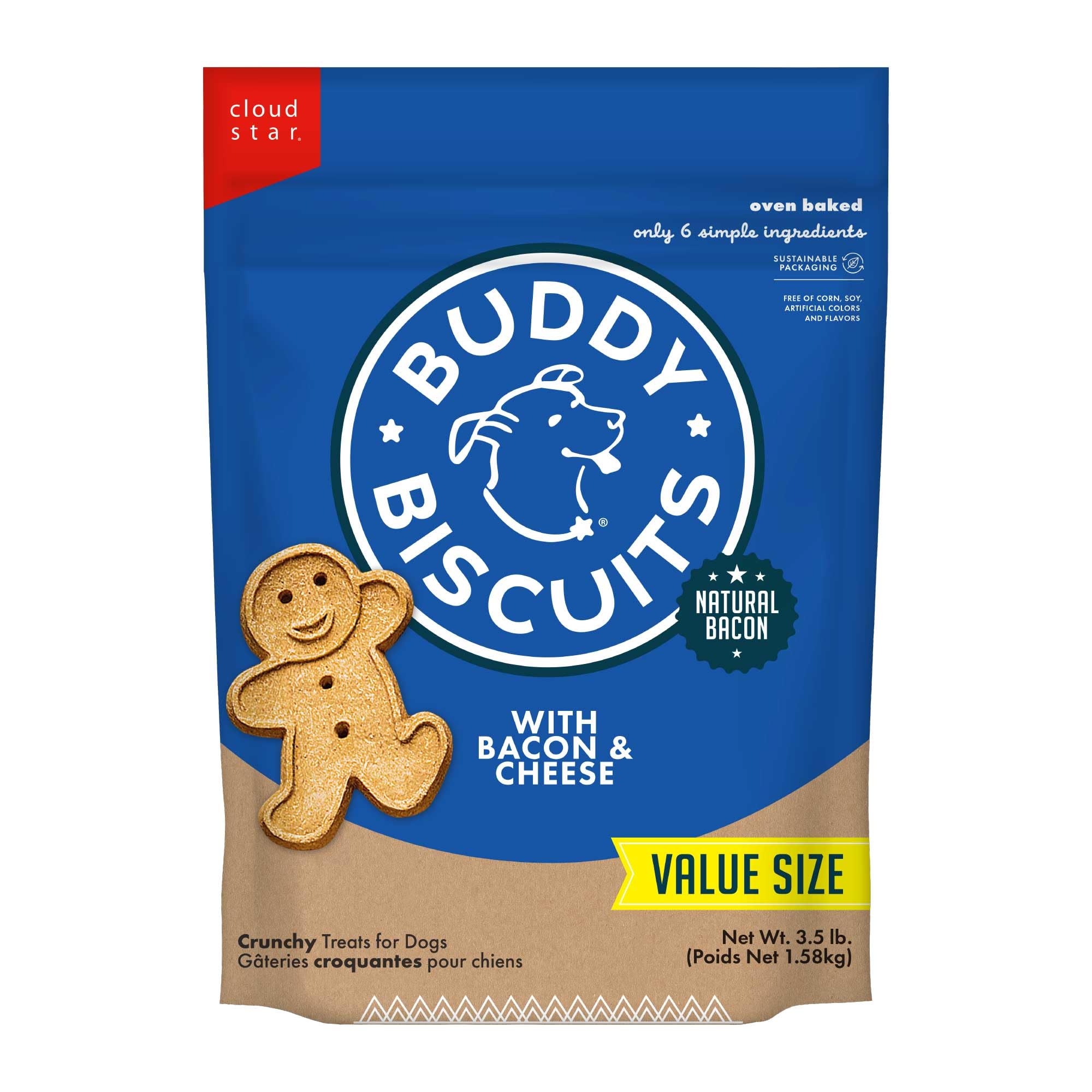 Buddy Biscuits Crunchy bacon and cheese dog treats in a 3.5 lb bag for medium to large dogs.