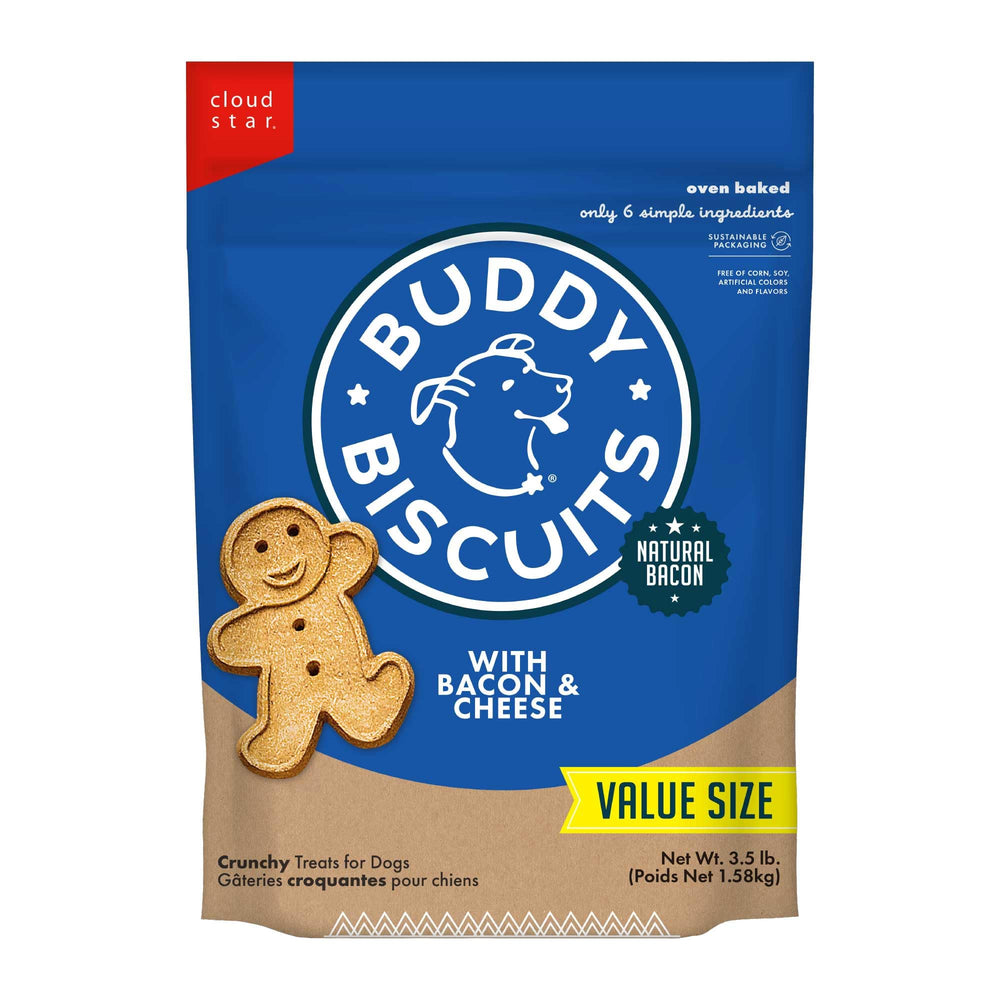 Buddy Biscuits Crunchy bacon and cheese dog treats in a 3.5 lb bag for medium to large dogs.