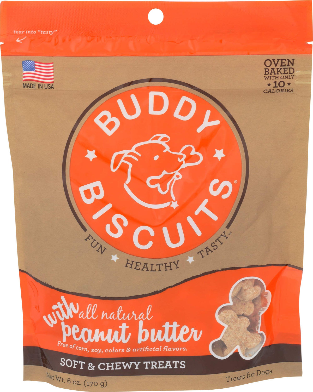 Buddy Biscuits Soft & Chewy front view in USA packaging, simple ingredients.