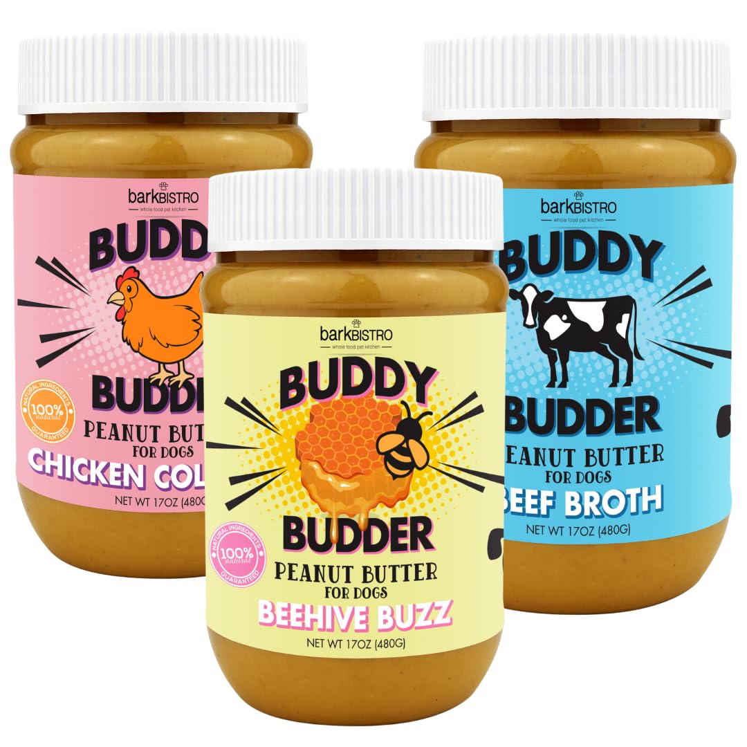 Buddy Budder Bark Bistro Beef Broth jar pour, inviting aroma for dogs