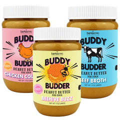 Buddy Budder Bark Bistro Beef Broth jar pour, inviting aroma for dogs