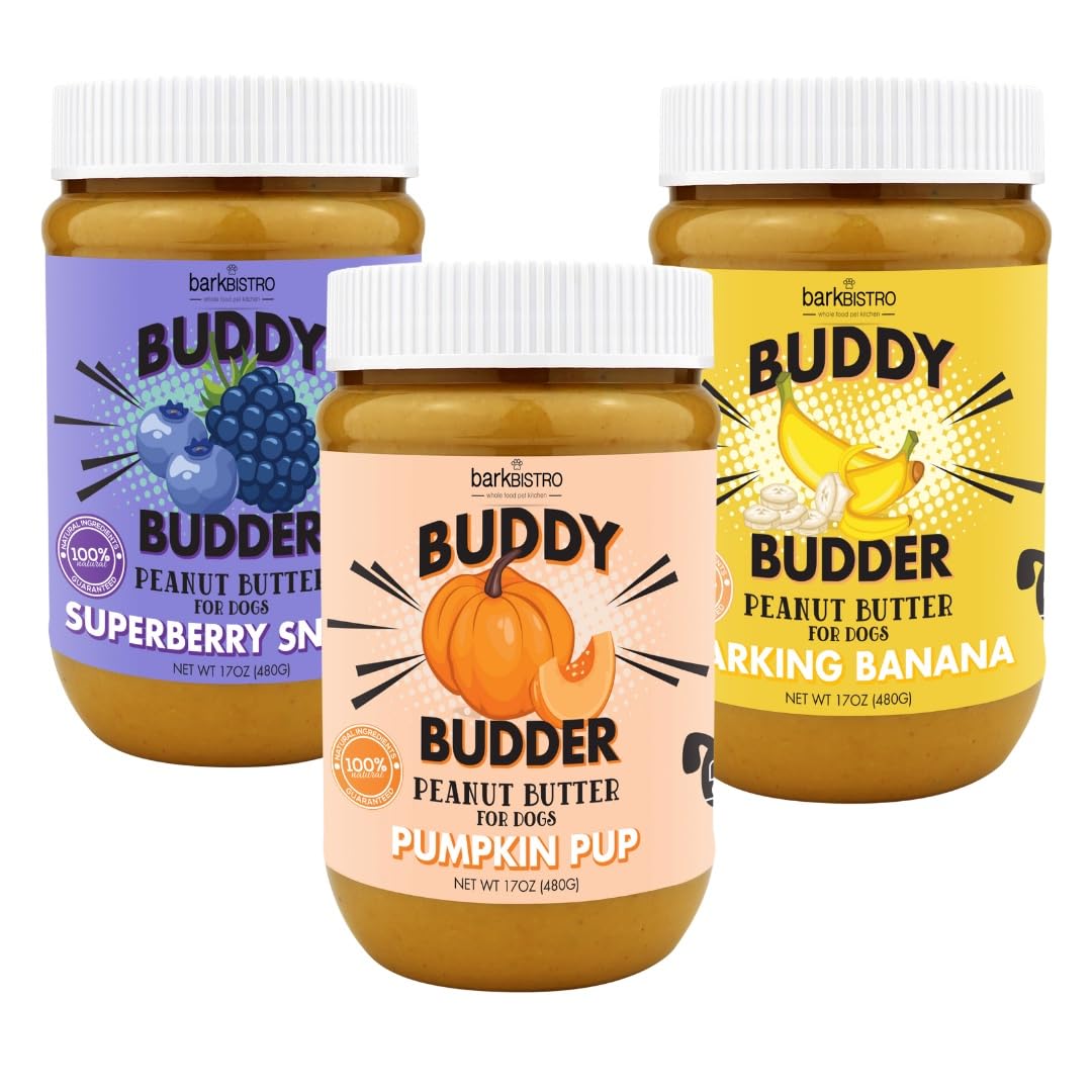 Buddy Budder Bark Bistro jar front with all-natural dog peanut butter for healthy treats.